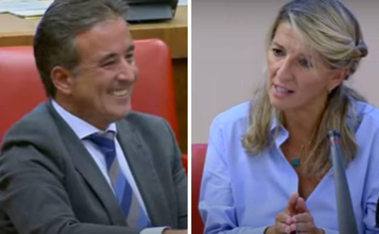 Diego Movellán y Yolanda Díaz, durante la Comisión de Trabajo celebrada ayer en el Congreso de los Diputados. 