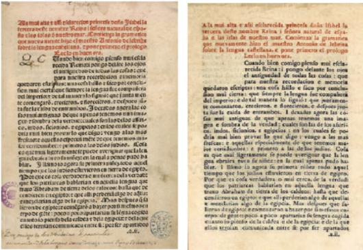 Gramática sobre la lengua castellana que hizo el maestro Antonio de Lebrixa (sic). Primera edición. Salamanca 1492. Y la Gramática en su edición 'contrahecha' (falsificación). Aprox. 1744-1747. 