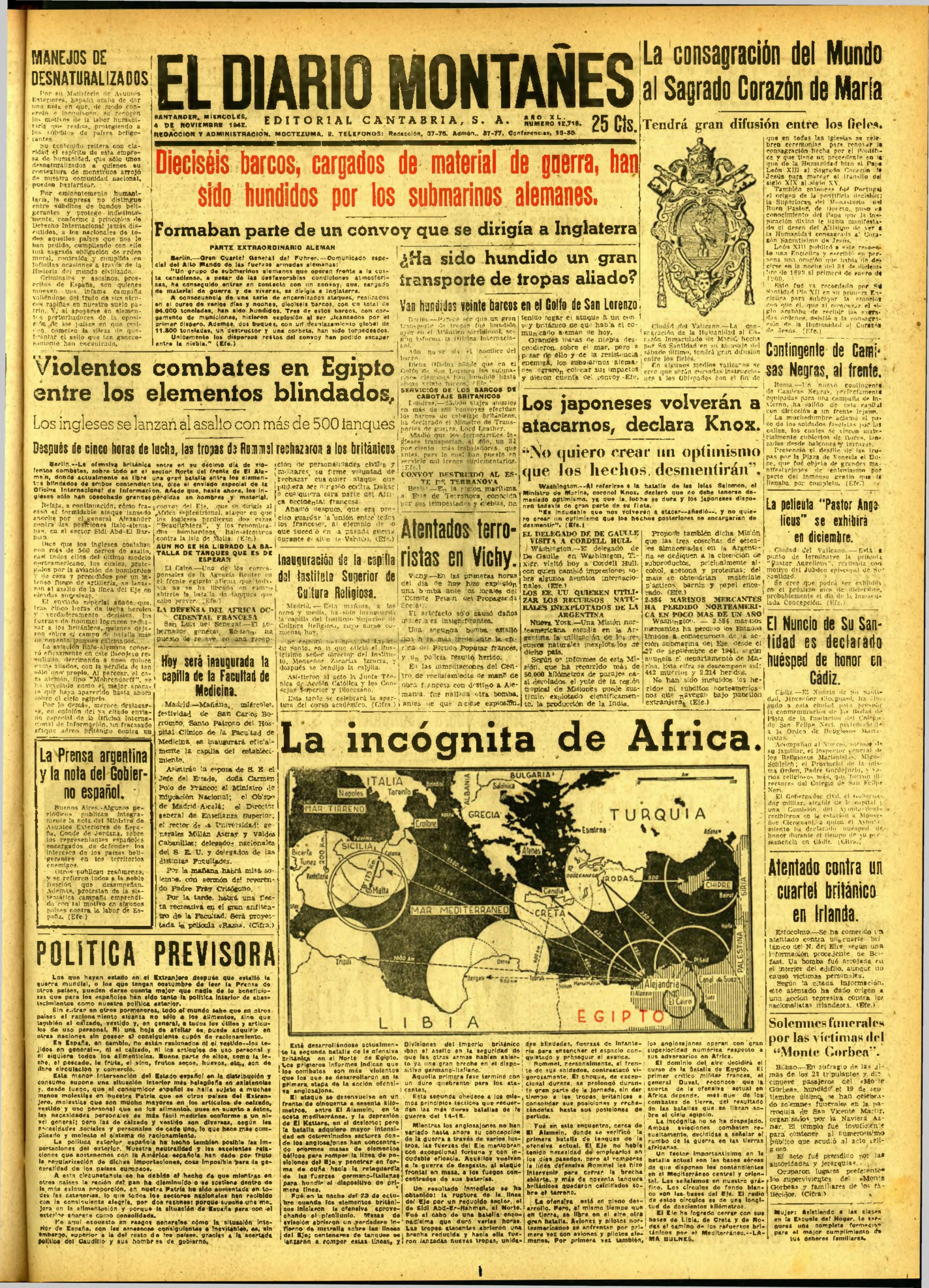 En pleno desarrollo de la II Guerra Mundial, el 4 de noviembre de 1942 submarinos alemanes hunden 16 barcos cargados de material de guerra.