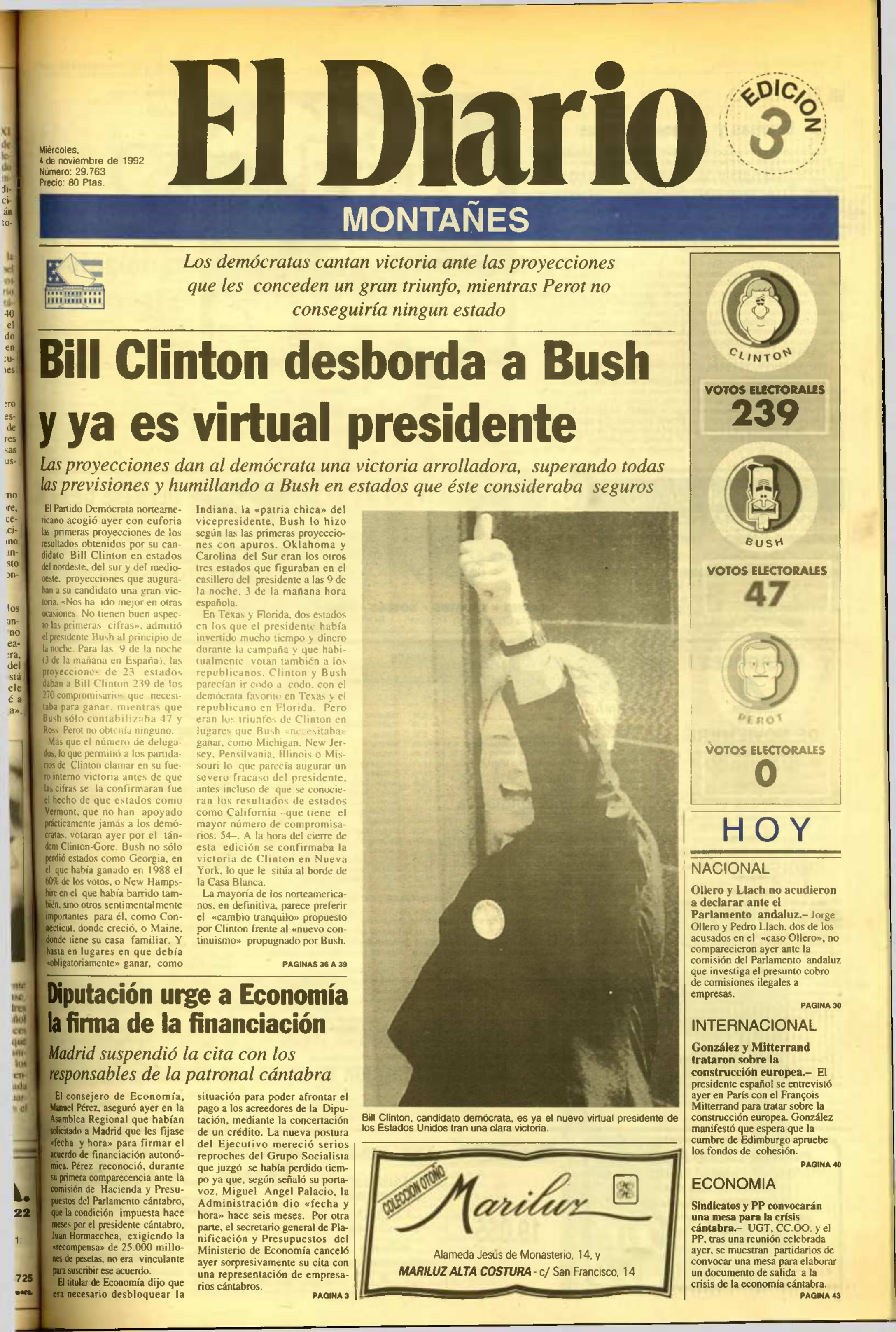 El 4 de noviembre de 1992 Bill Clinton alcanza la presidencia de EEUU, desbancando a Bush. Mientras, Felipe González y Mitterrand se reúnen para hablar sobre la construcción de Europa.