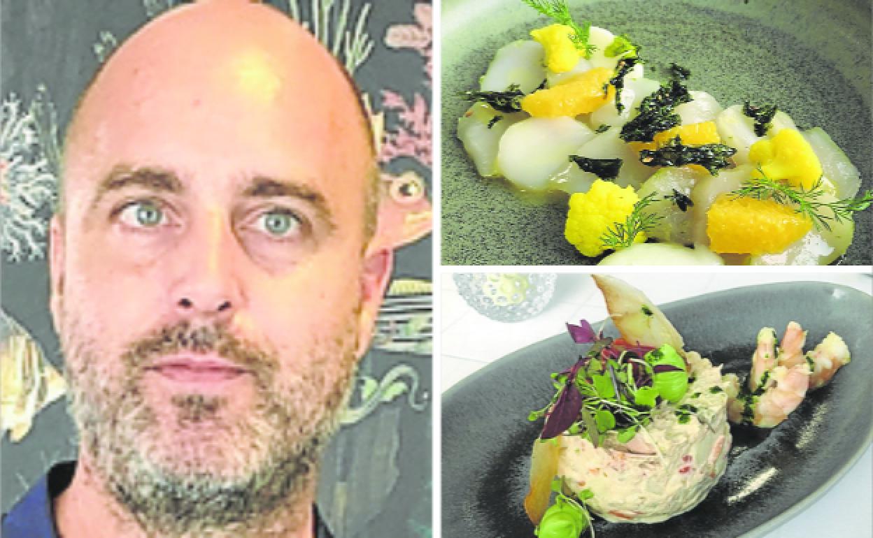 Álvaro Colman es el jefe de cocina de El Duque. A la derecha, dos de sus platos: Sashimi de vieira curada en sal y lima con crema de coliflor, flores de coliflor al azafrán y cítricos; y abajo, ensaladilla clásica. 