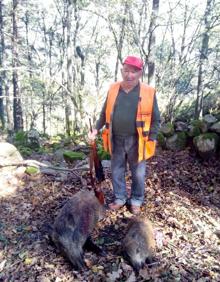 Imagen secundaria 2 - A la izquierda: Miembros del coto de Villaescusa, con dos jabalíes cazados recientemente. / A la derecha: Manuel San Román abatió dos jabalíes en Peña Colsa.
