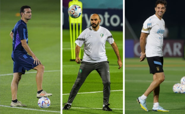 Lionel Scaloni, Hoalid Regragui y Diego Alonso.