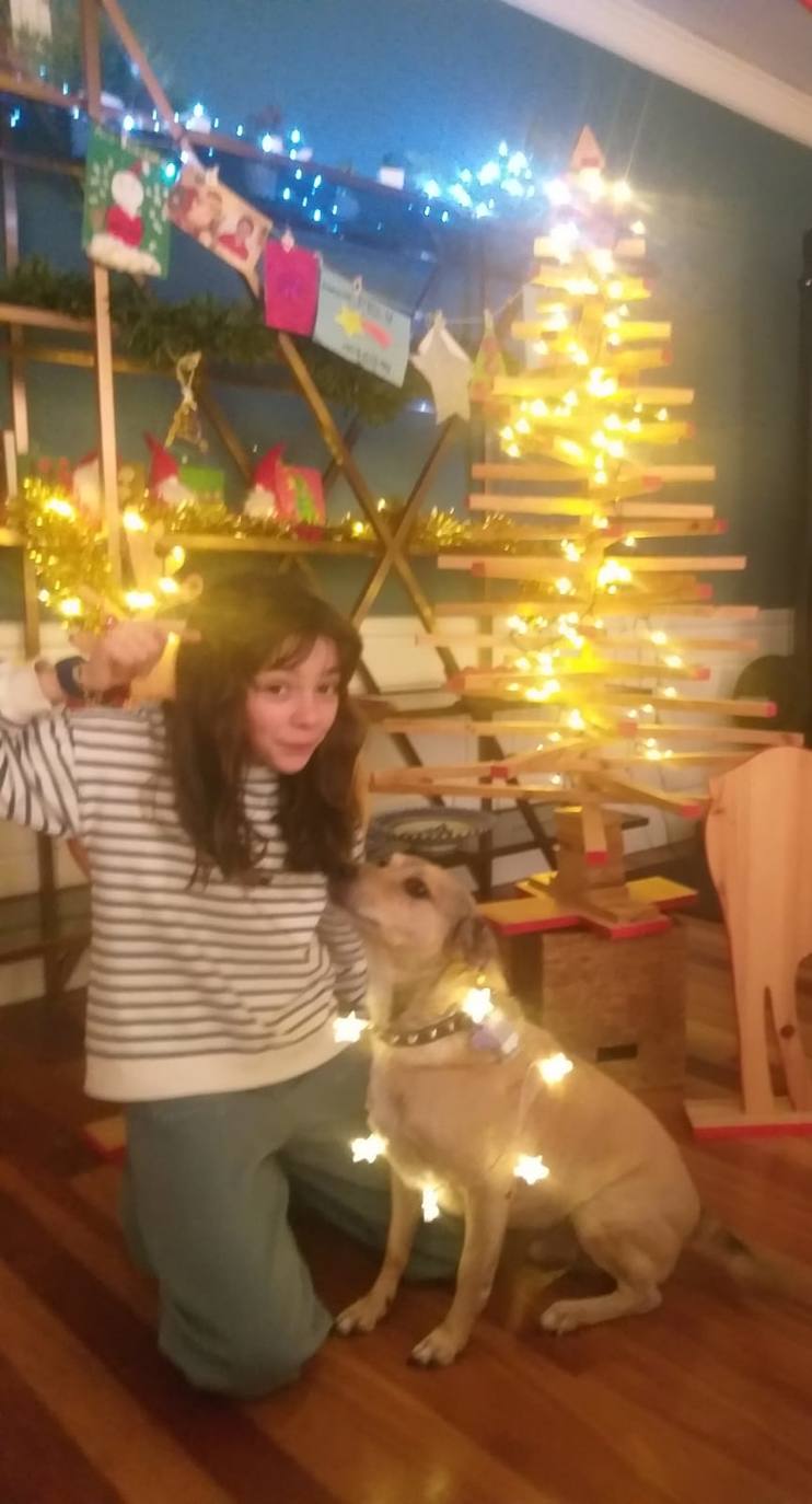 Luisa Martínez, santanderina de 12 años, con su inseparable Tigi, muy guapo con las luces navideñas que le ha colocado su dueña.