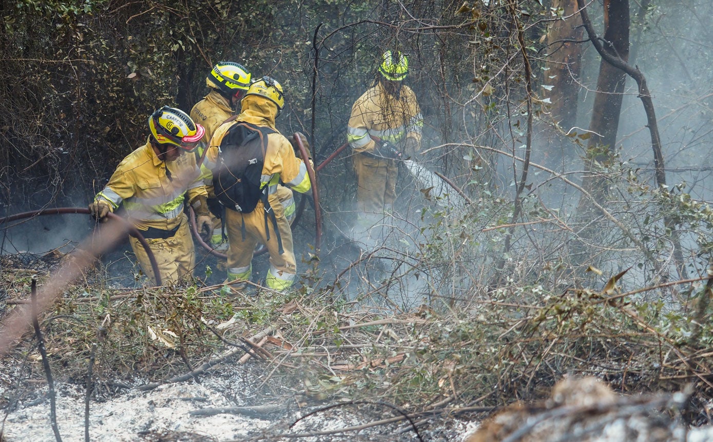 Una cuadrilla de los bomberos forestales enfrían con agua el terreno