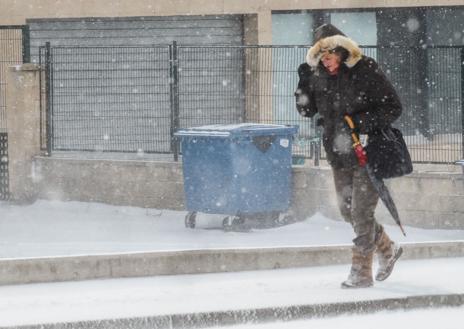 Imagen secundaria 1 - 1. Las carreteras de Campoo se tiñeron de blanco. | 2. Una mujer se protege del intenso viento y la nieve en Reinosa. | 3. Operarios limpian las aceras de nieve para facilitar el tránsito de los ciudadanos.