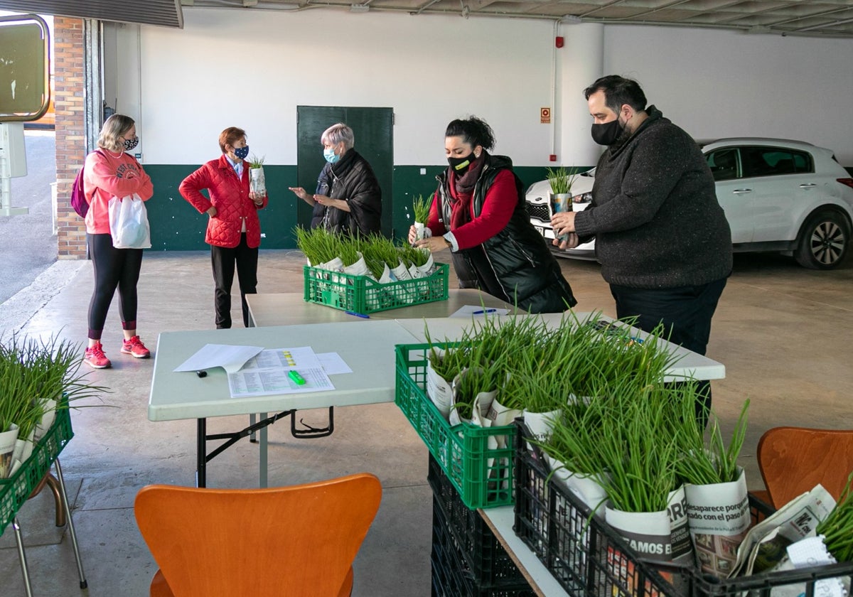 Vecinos recogiendo sus lotes de plantas en una edición pasada.