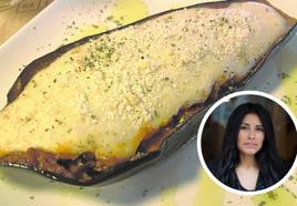 Raquel del Castillo, encargada del restaurante junto a una de las especialidades: berengena rellena y gratinada.