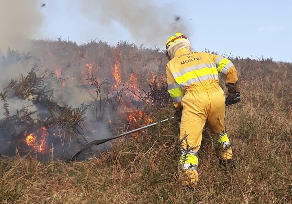 Un operario del Servicio de Montes lucha contra el fuego en uno de los tres incendios activos en Cantabria.