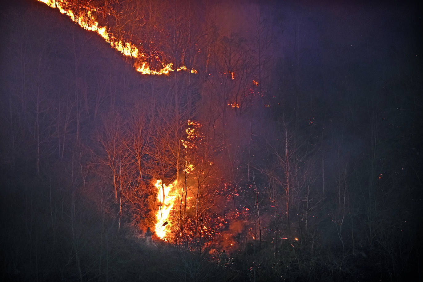 Un bombero forestal trata de contener el avance de las llamas en pleno bosque.