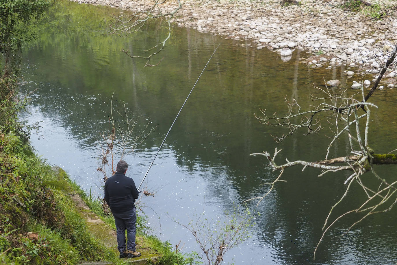 Un pescador intentó suerte desde la ribera del Pas en el coto de Güedes