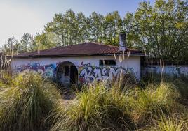 Las paredes de las edificaciones en desuso están llenas de pintadas. La maleza oculta algunas zonas