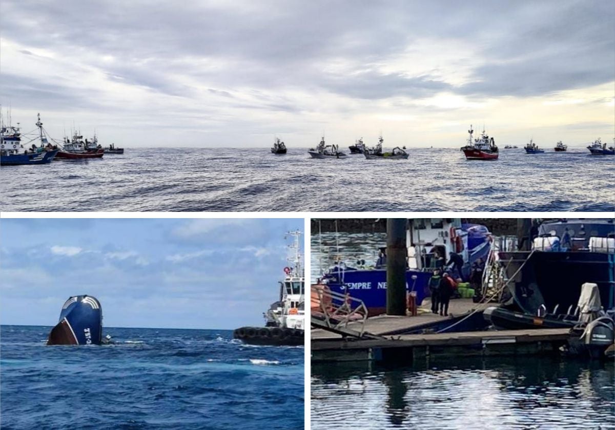 Arriba, parte de la flota que trató de ayudar al marinero del Nuevo Xoel desaparecido el 25 de abril. Abajo, el hundimiento del Maremi (2021); y la Guardia Civil en el puerto del Barrio Pesquero, donde fueron trasladados los muertos del Vilaboa Uno el 3 de abril.