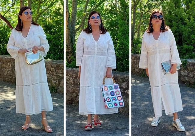 Tres looks con el mismo vestido cambiando el calzado, el bolso y los complementos.