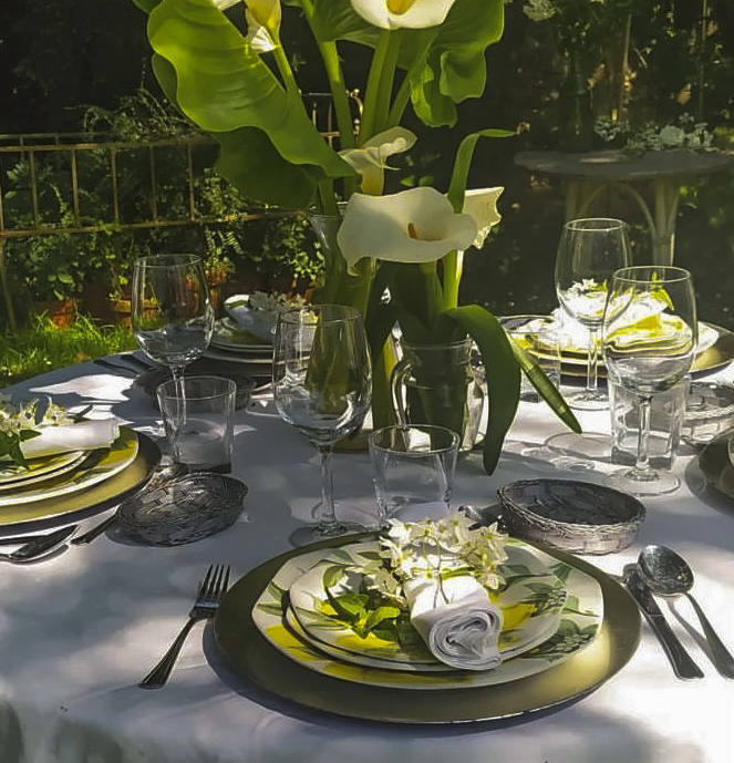 Una de las mesas preparada por Patrito, en su jardín