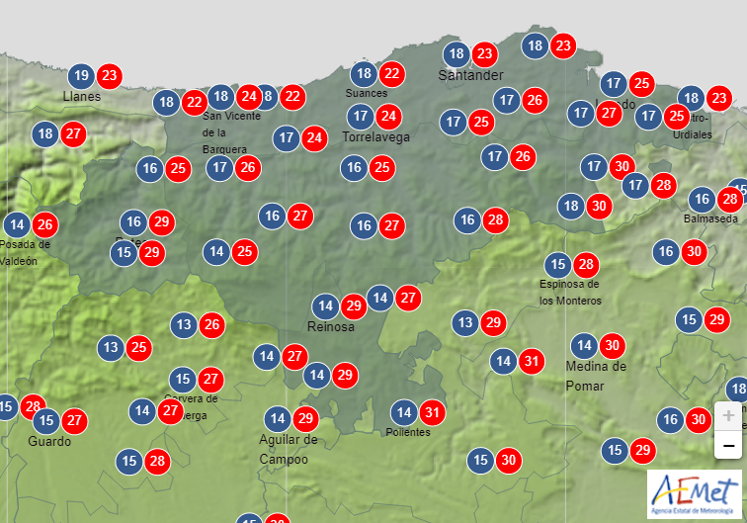 Temperaturas previstas por la Aemet para este sábado.