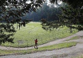 Un vecino hace deporte en el parque de Las Tablas (El Patatal) de Torrelavega.
