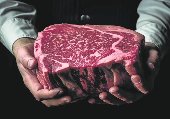 Aspecto de un corte de wagyu en el que destaca el alto nivel de marmoleo, nivel de grasa infiltrada.