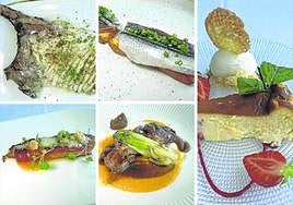 En orden, ventresca de bonito con una salsa de soja, sobao, anchoa y boquerón, pimiento rojo con queso y yema, presa ibérica con calabaza y tarta de queso.