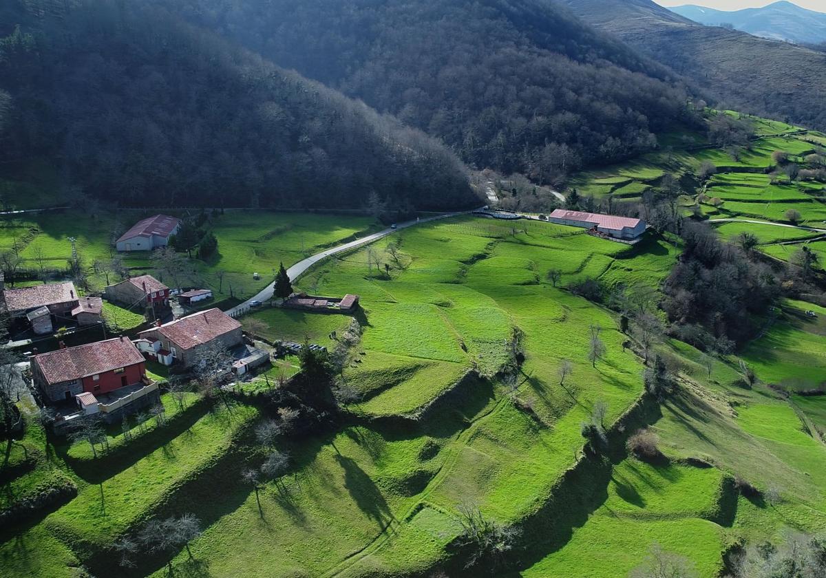 Vista aérea de parte del pueblo de Viaña, en el municipio de Cabuérniga.