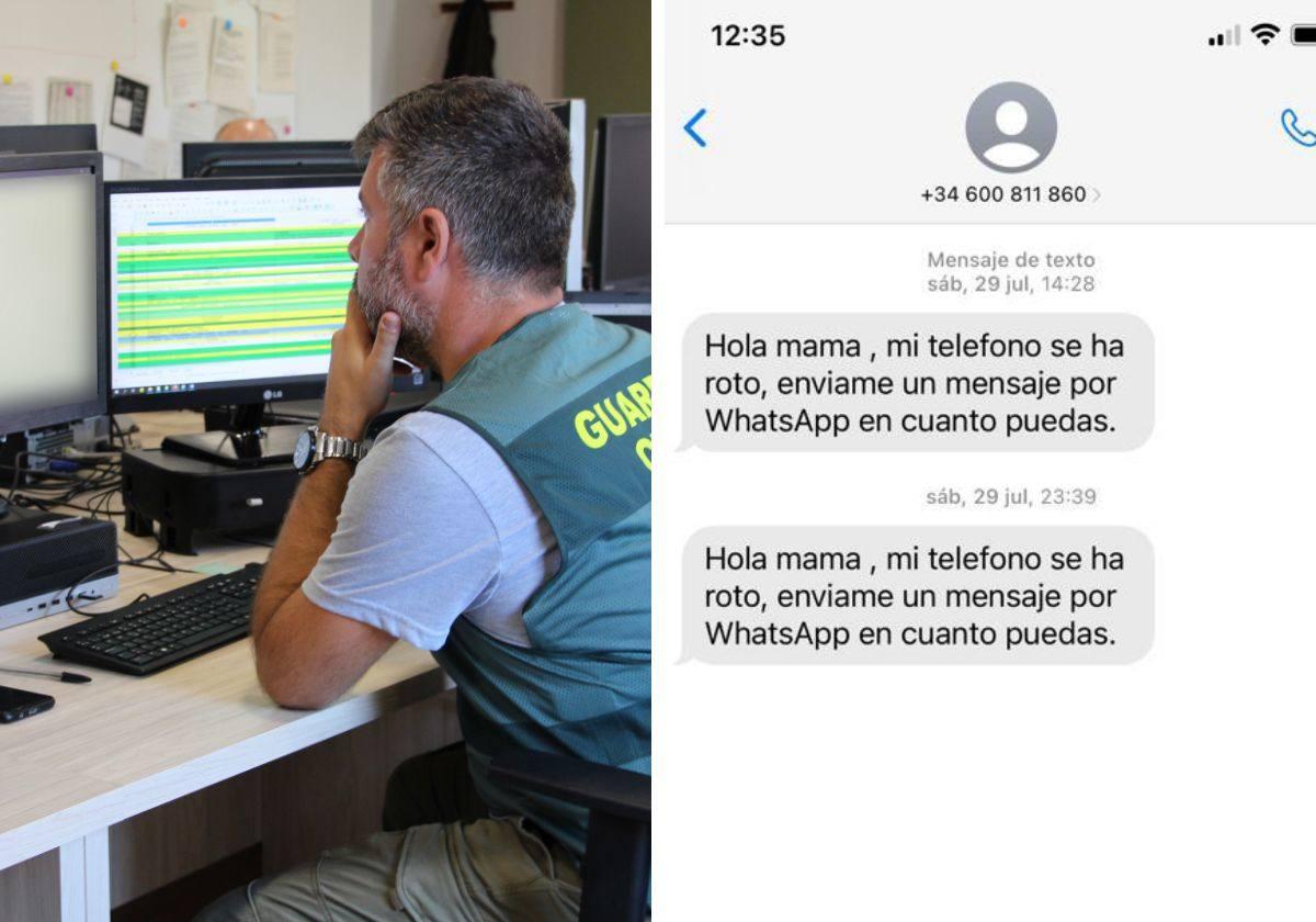 A la izquierda, un agente de la Guardia Civil y a la derecha un intento de estafa real a una cántabra este verano.