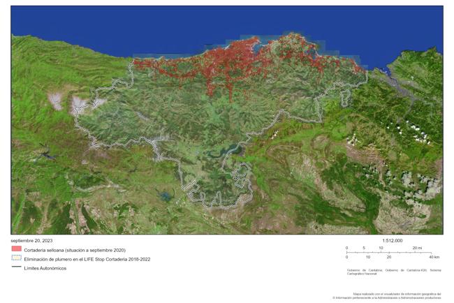 Mapa con las zonas de Cantabria afectadas por la presencia de plumero.