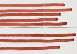 Silvia Bächli, 'Lange rote Linien (12)', 2022. Gouache sobre papel, 144,5 x 410 cm.