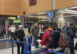 Pasajeros afectados por las cancelaciones hacen cola en el mostrador de Ryanair en el Seve Ballesteros.