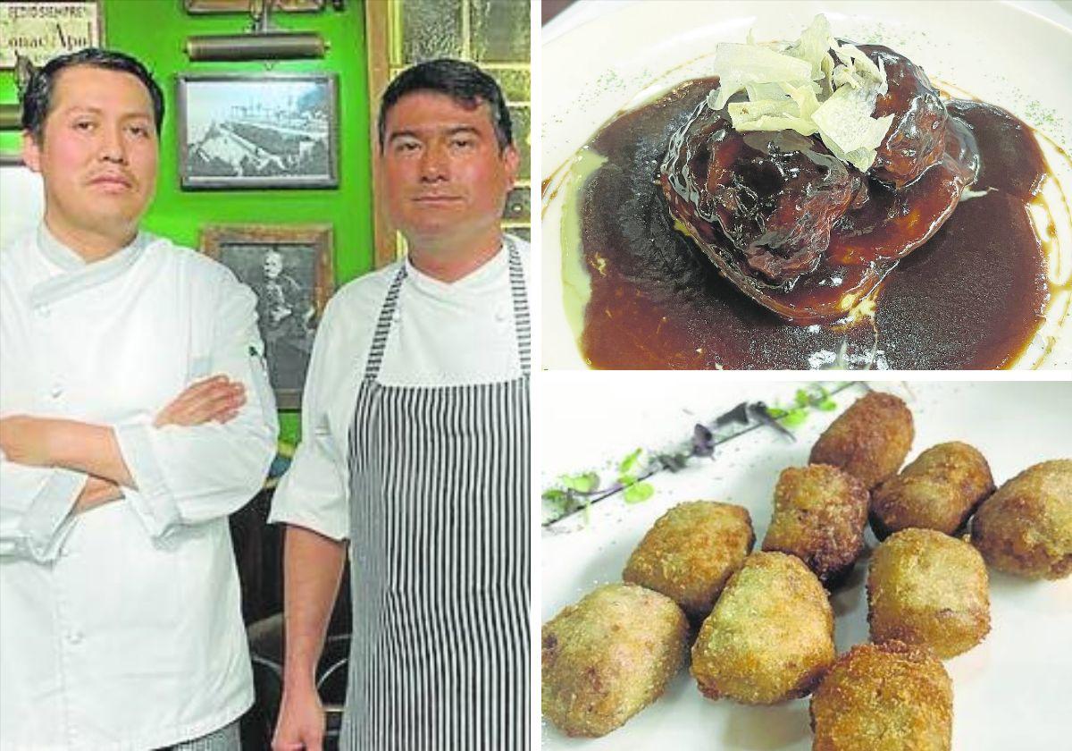 Wilson Felipez y Alex Milton Florez son los cocineros del restaurante. A la derecha, sus escalopines rellenos de foie sobre salsa de queso picón y reducción de Pedro Ximénez; y su ración de croquetas de buey.