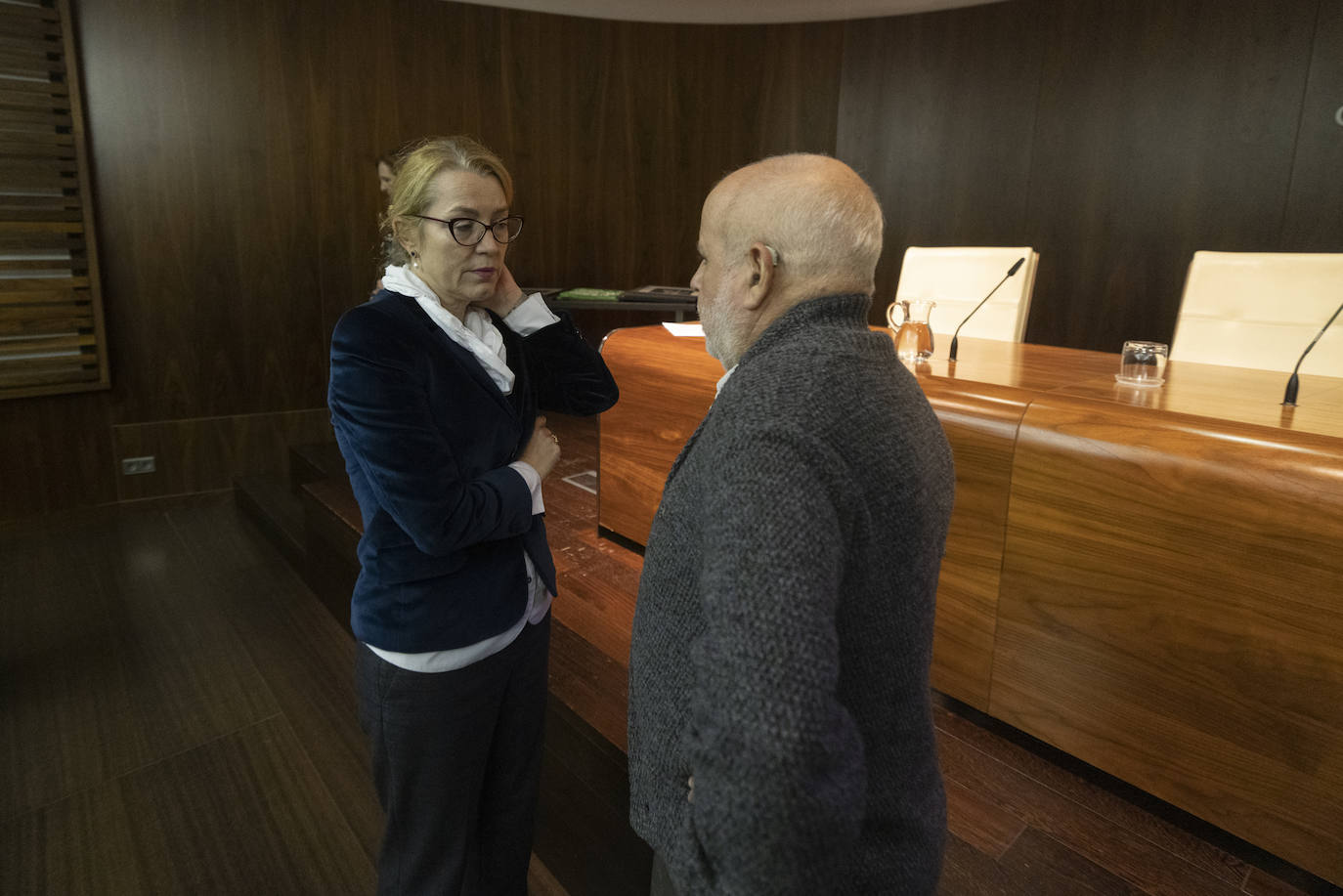 La consejera de Cultura, Turismo y Deporte, Eva Guillermina Fernández, recordó que sus inicios profesionales fueron como guía en las cuevas de Cantabria. En la imagen, charlando con el catedrático de Prehistoria de la Universidad de Cantabria Manuel R. González Morales.