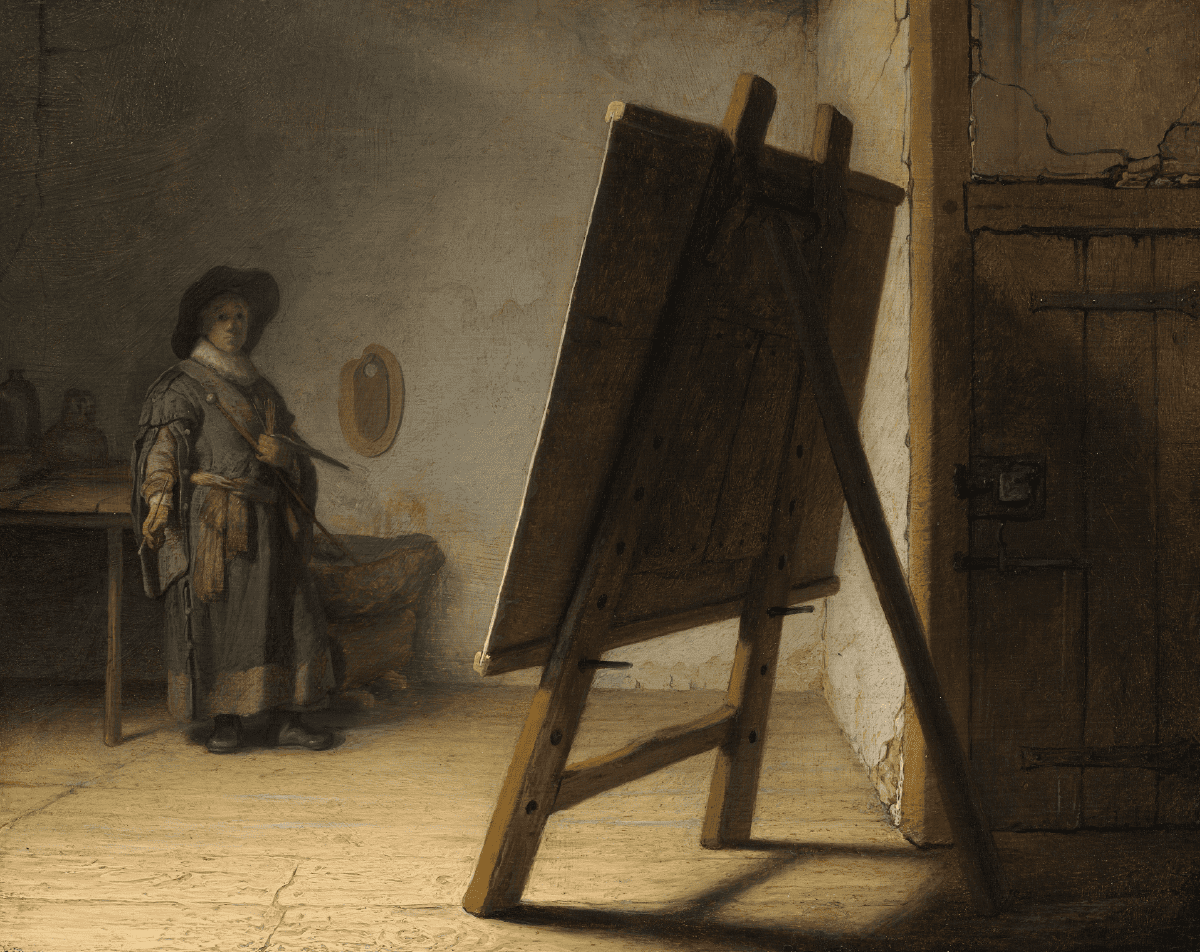 'Artista en su estudio', Rembrandt Harmensz. van Rijn. Óleo sobre tabla, 24,8 x 31,7 cm, h. 1628.