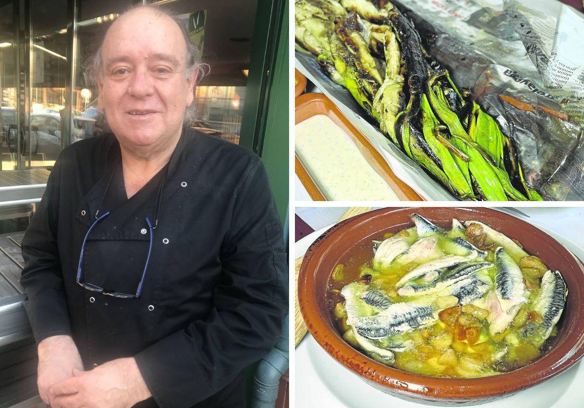 Juan Angulo junto a dos de sus platos estrella de la temporada: Los calçots de Valls, desde donde llega directamente a Somo, con dos salsas, romescu y ali oli; y bocartes a la cazuela.