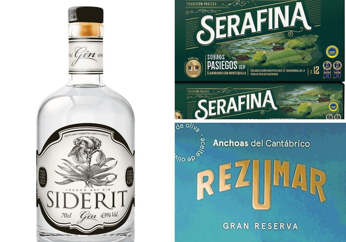 Botella de London Dry Gin Siderit, caja de sobaos Serafina IGP y estuche de anchoas Rezumar.