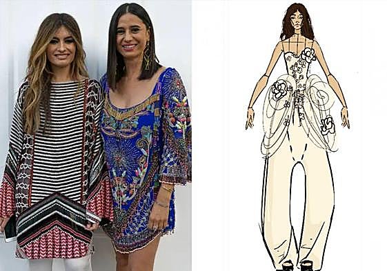 Ángela Rozas y Odette Álvarez en la inauguración en Santander del atelier de la diseñadora cántabra. A la derecha, imagen del boceto que ha trascendido de la nueva colección para el próximo otoño y que lleva el nombre real de Madame de Rosa.