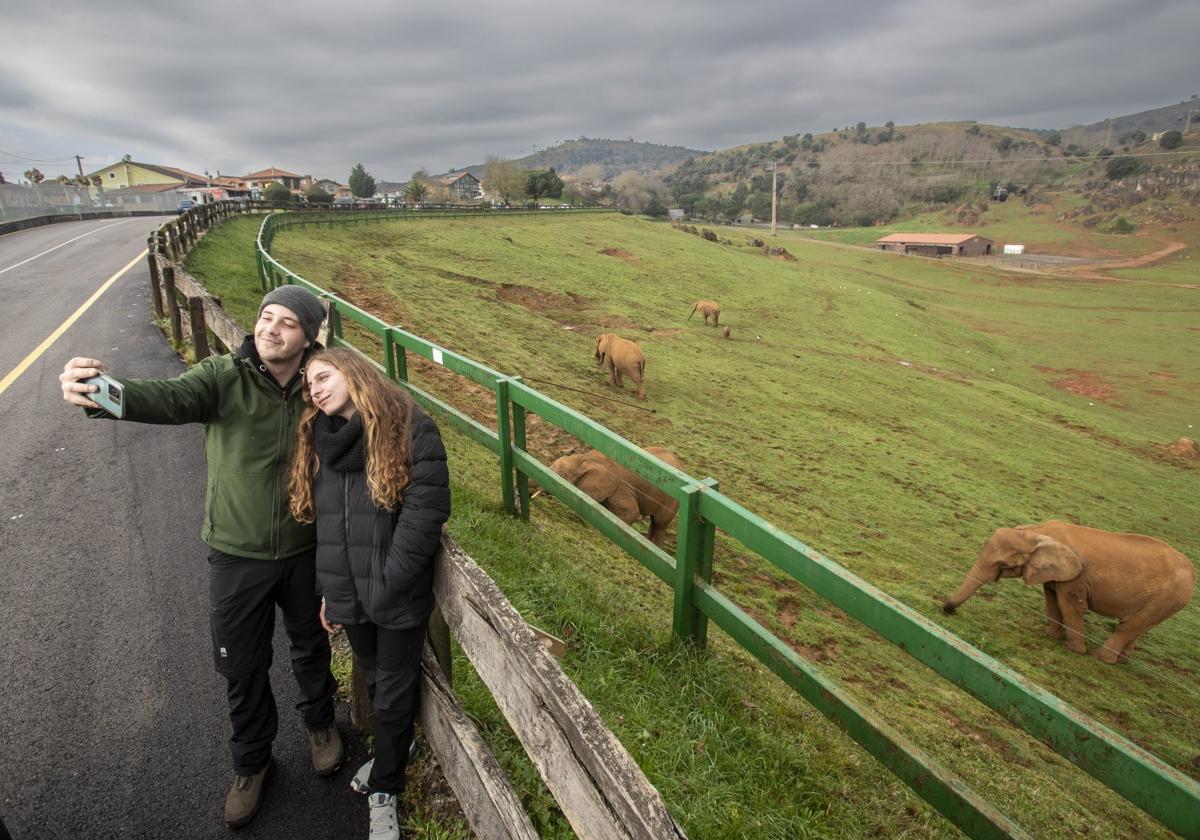 Una pareja sacándose ayer una foto ante la zona de los elefantes del Parque de la Naturaleza de Cabárceno, con el edificio actual al fondo.