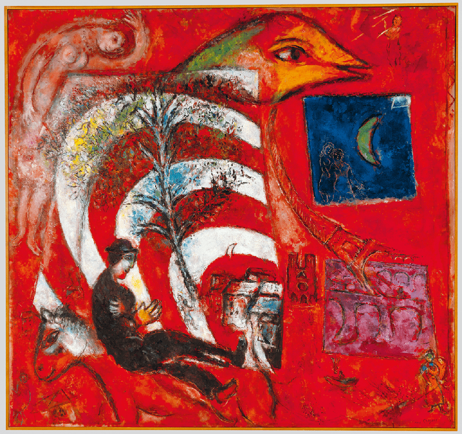 Marc Chagall 'Arc-en-ciel [El arcoíris]', 1967. Óleo sobre lienzo de lino, 160 × 170,5 cm. Musée d'Art Moderne et Contemporain de la Ville de Strasbourg, Estrasburgo. Depósito del Centre Pompidou, Musée National d'Art Moderne / Centre de Création Industrielle, París. Dación, 1988. AM1988-90