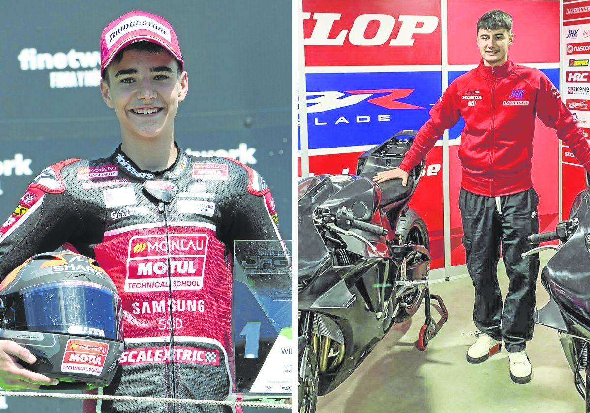 Brian Uriarte posa en el podio con uno de los trofeos de la pasada temporada y Yeray Saiz, junto a la Honda CBR 600, su nueva montura para esta temporada.