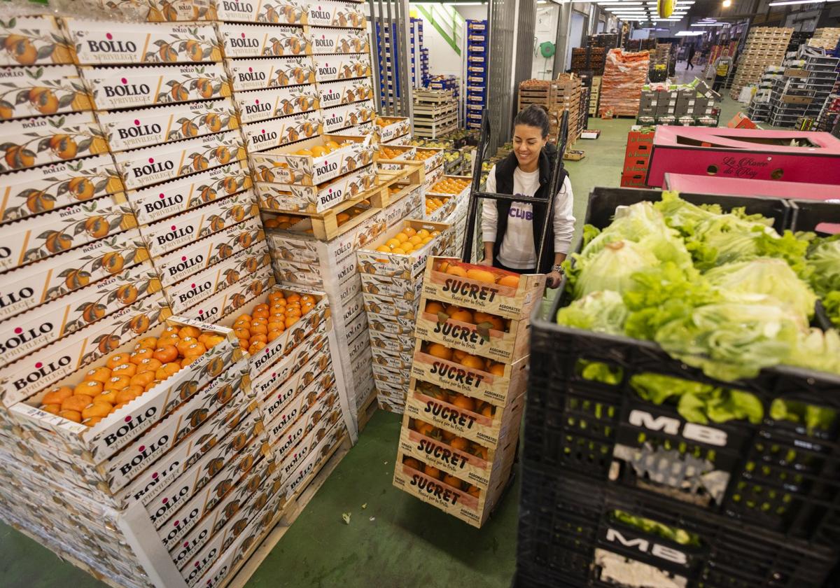 Trasiego de cajas ayer por la mañana, a eso de las siete y media, en el pabellón de frutas y hortalizas de Mercasantander.