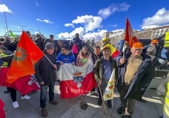 Un grupo de ganaderos en la manifestación de Madrid con banderas de la región.