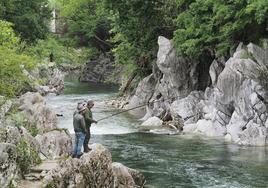 Unos pescadores, a la búsqueda del salmón en el coto del río Pas, a la altura de Puente Viesgo.