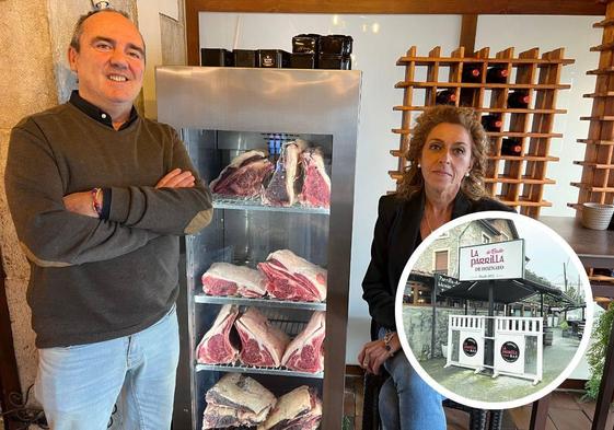 Sebastián Vidal de la Peña y Elvira Santos, junto a los chuleteros en proceso de maduración. En el círculo, la fachada del restaurante.