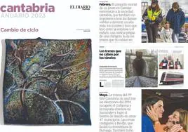 El artista santanderino Javier Arce plasma su particular visión del paisaje cántabro sobre la portada de 2023 (a la izquierda) a través de su óleo 'Sobre lo cercano (Surada)'. A la derecha, algunas páginas interiores del anuario.