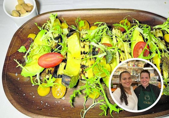 Ensalada amazónica con palmito a la brasa, aguacate, cherrys, gel de mango, anacardos, brotes tiernos y vinagreta de maracuyá. En el círculo, Valeria Araujo y Rafaela Pierobón