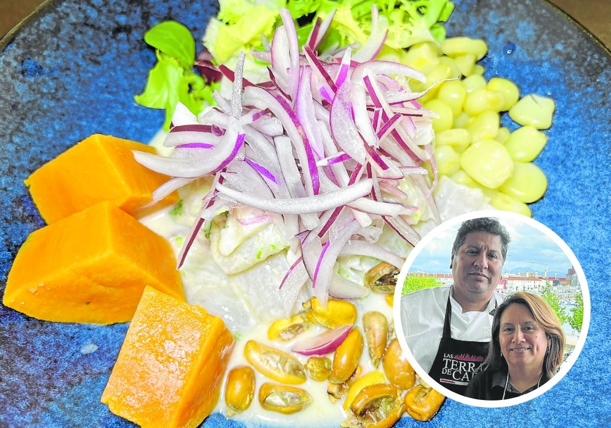 Ceviche de lubina, especialidad de la casa. A la derecha, Harry Gallardo y Carmen Moreno, los propietarios del restaurantes.