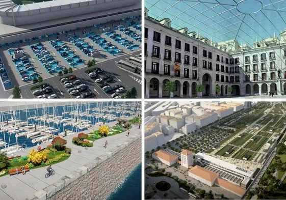 Cuatro infografías de proyectos presentados para Santander, el aparcamiento de El Sardinero, la cubrición de la Plaza Porticada, la dársena de Molnedo y la integración ferroviaria.