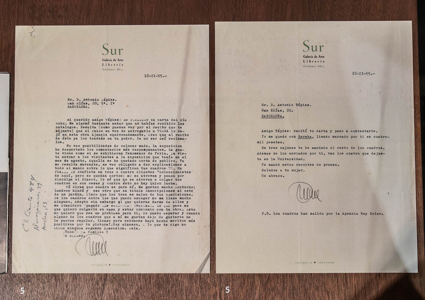 Dos cartas que testimonian el vínculo entre el histórico galerista santanderino Manuel Arce (Sur) y el artista con motivo de su exposición en la capital cántabra en los años 50.