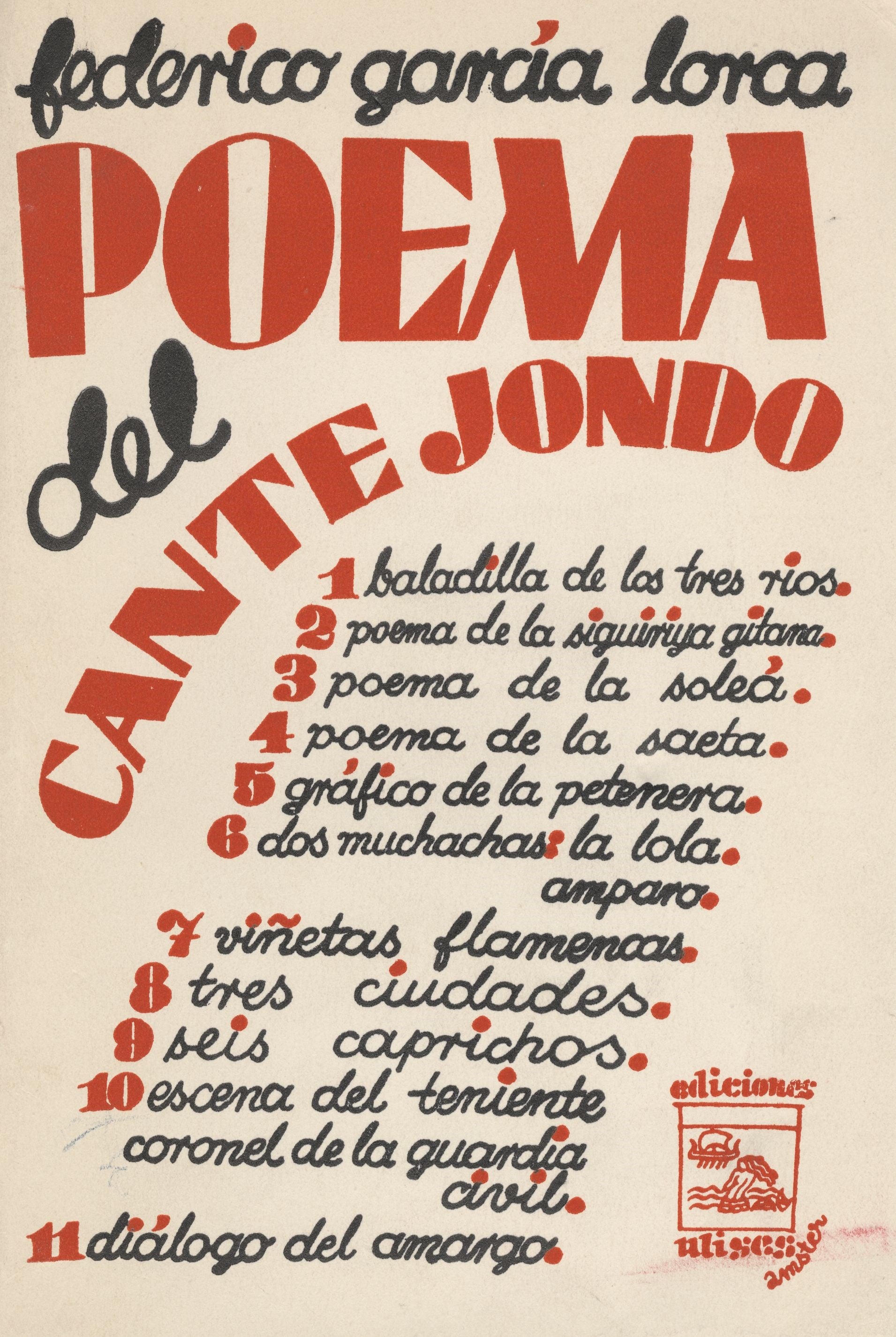 Lorca. Poema del cante jondo. Madrid; Buenos Aires: Ediciones Ulises, 1931. Cubierta de Mauricio Amster.