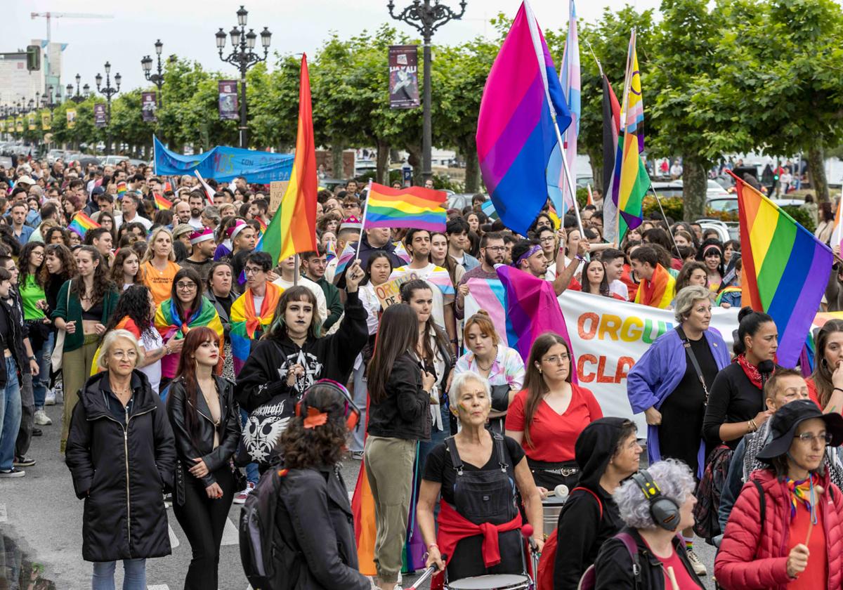 Parte de los manifestantes en su trayecto por el Paseo Pereda hacia la plaza del Ayuntamiento de Santander.