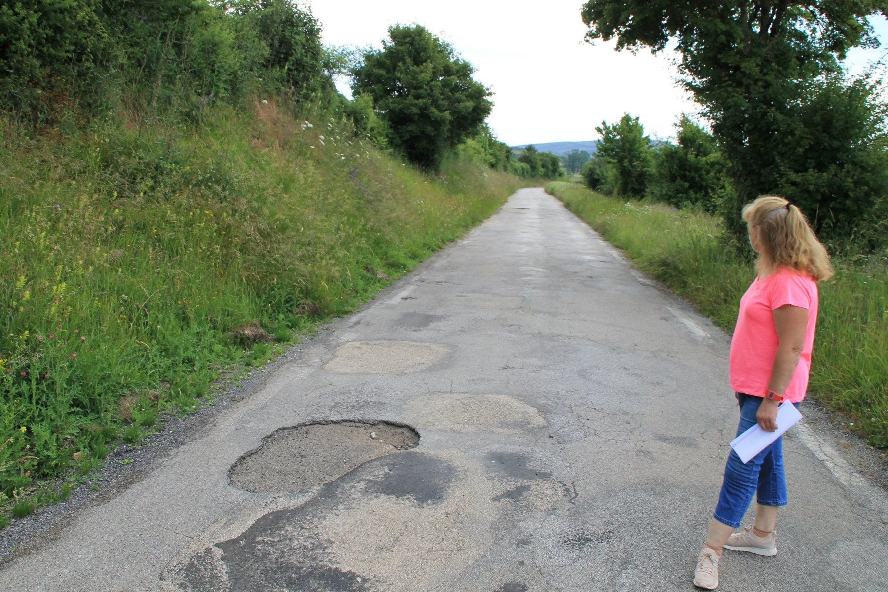 La alcaldesa pedánea de Espinosa de Bricia, Azucena Vallejo, contempla el mal estado en el que se encuentra la carretera. Cartel del límite con Cantabria, hasta donde se completa el desbroce.