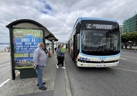 Varias personas esperan para acceder al autobús que cubre la Línea Central del TUS, en la parada de Puertochico.